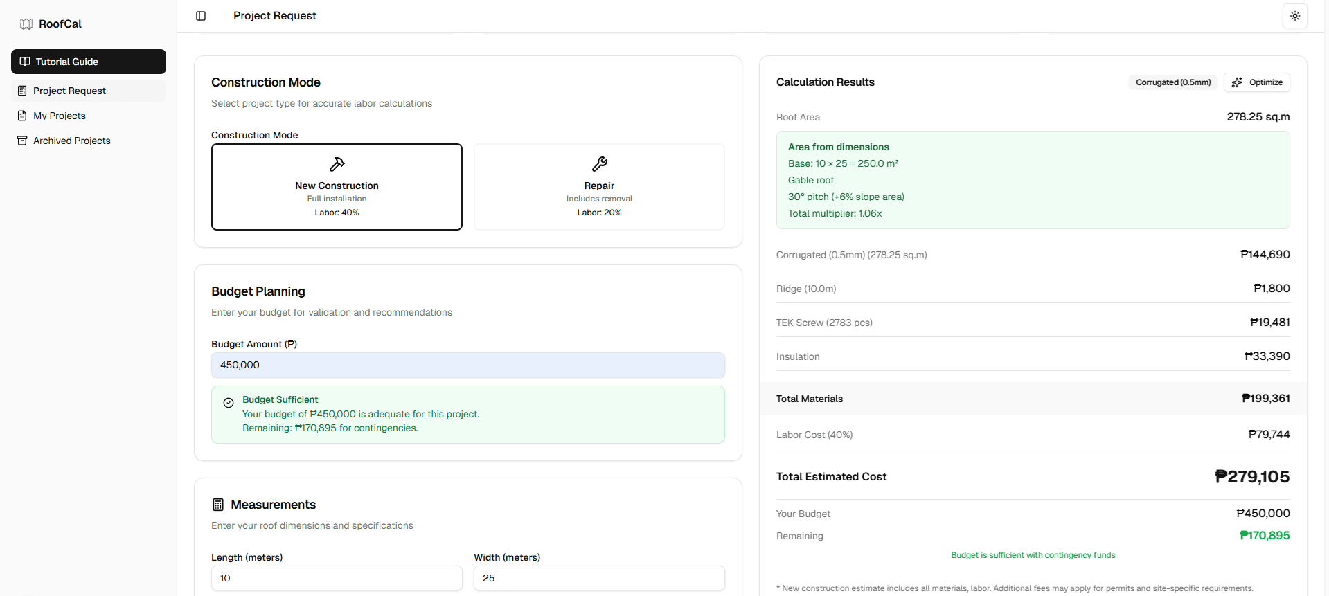 Roof calculator demo screenshot
